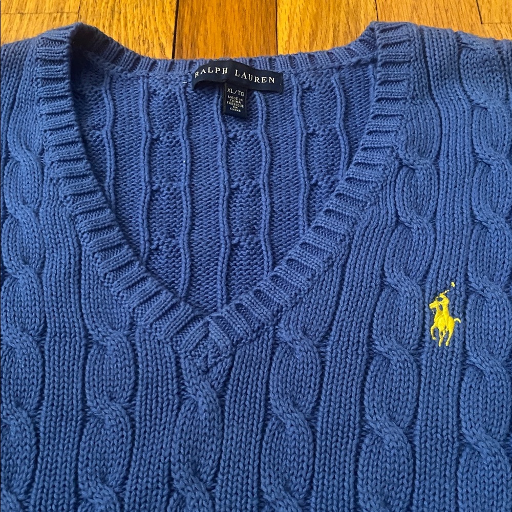 Ralph Lauren Cable Knit V Neck Sweater Size XL 100% Cotton Periwinkle Blue EUC - Picture 12 of 14